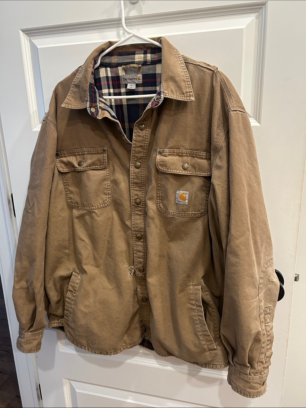 Carhartt Men’s Brown Canvas Work Jacket lined XL Chore shirt jacket snaps